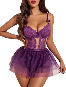 lot 86497 image: Avidlove Lingerie for Women Lace Bodysuit with Detachable Mesh Mini Skirt Push Up Teddy Lingerie Set Purple