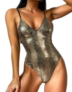 lot 86503 image: Newfancy Rave Wear One Piece Bodysuit Snakeskin Print Sexy Mentalic Halter Swimsuit for Festival Dance Rave Clothing