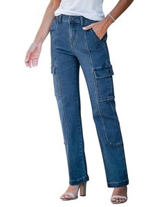 lot 86505 image: GRAPENT Cargo Pants for Women Straight Leg Pants Women Western Jean Summer Pants Ladies Pants Summer Pants Women Cargo Jeans High Waist with Pockets Color Brilliant Blue Size 18