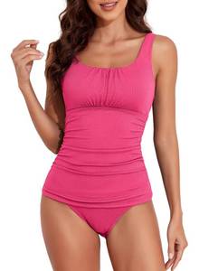 lot 86508 image: Aleumdr Ribbed Two Piece Tankini Swimsuit Retro Vintage Ruched Bandeau Top and High Waisted Bottom for Women Hot Pink Large