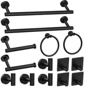 lot 86509 image: 14-Pieces Matte Black Bathroom Accessories Set, Stainless Steel Bathroom Hardware Set, Bath Towel Bar Set, Towel Racks for Bathroom Wall Mounted.