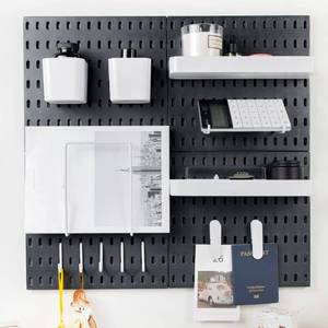 lot 86513 image: RIVTUN Pegboard Combination Kit for Wall Organizer, Wall Mounted Peg Board Kits for Kitchen, Bedroom, Office, &Bathroom, 4 Pieces Black Pegboards and 14 Accessories, 22 x 22