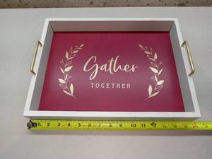 lot 20798 image: Decorative Wood Serving Tray, Gather Together, Maroon and white (15.75 x 12.75)