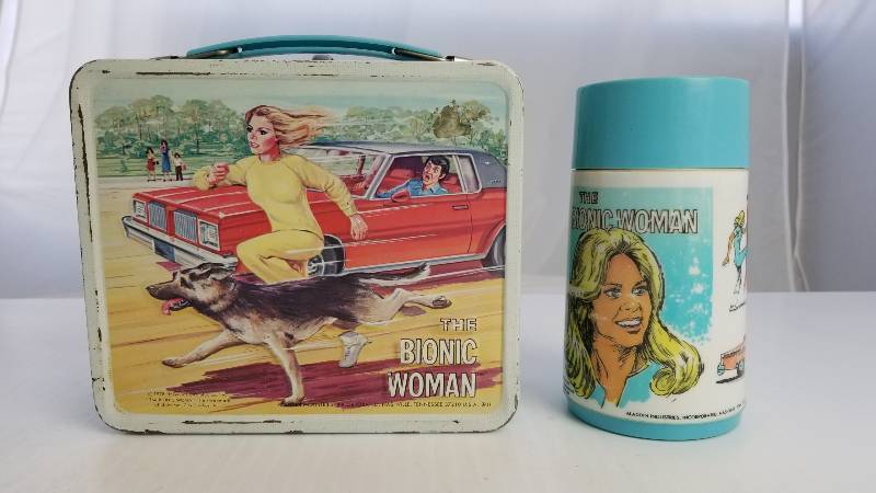 lot 3707 image: 1978 The Bionic Woman with Aladdin Thermo bottle  Vintage Metal Lunch Box
