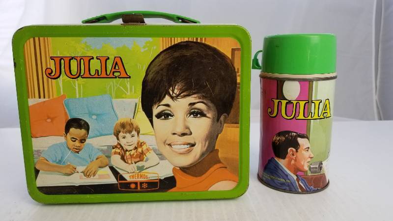 lot 3734 image: 1969 Julia Half Pint Size King-Seeley Bottle w Glass Liner Vintage Metal Lunch Box