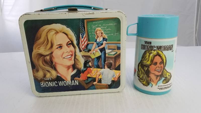 lot 3752 image: 1978 Bionic WomanW Aladdin Thermo Bottle Vintage Metal Lunch Box