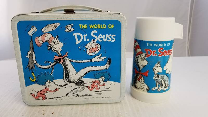 lot 3779 image: 1970 Dr. SeussnW Aladdin Half Pint Glass Lined Vacuum Bottle Vintage Metal Lunch Box