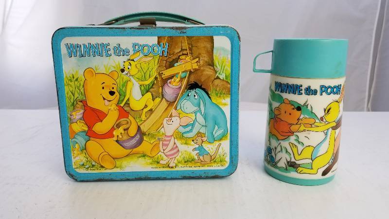 lot 3799 image: 1967 Winnie the Pooh W 8oz Aladdin Thermo Bottle Vintage Metal Lunch Box
