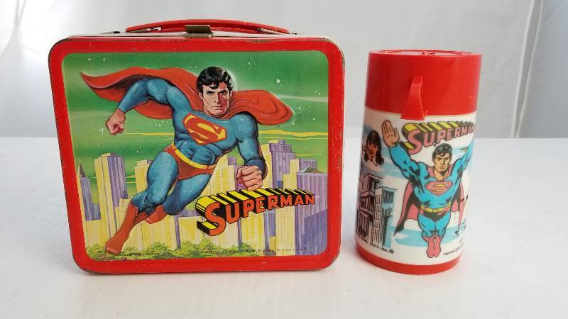 lot 3800 image: 1978 Superman W 8oz Aladdin Thermo Bottle Vintage Metal Lunch Box