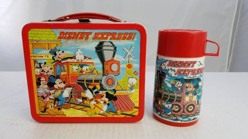 lot 3809 image: 1979 Disney Express W 8oz Aladdin Thermo Bottle Vintage Metal Lunch Box
