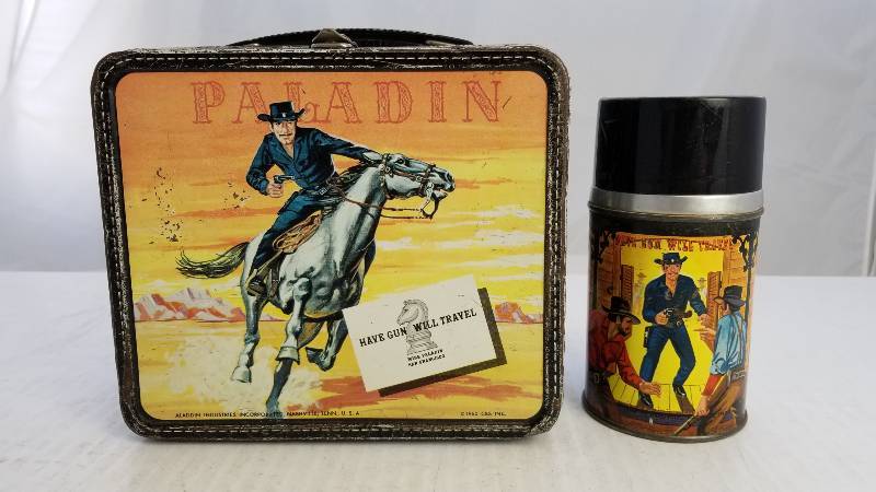 lot 3812 image: 1960 PALADIN Have Gun Will Travel W Half Pint Glass Lined Vacuum Bottle Vintage Metal Lunch Box