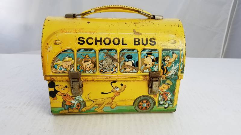 lot 3818 image: 1960s Disney School Bus Vintage Metal Lunch Box