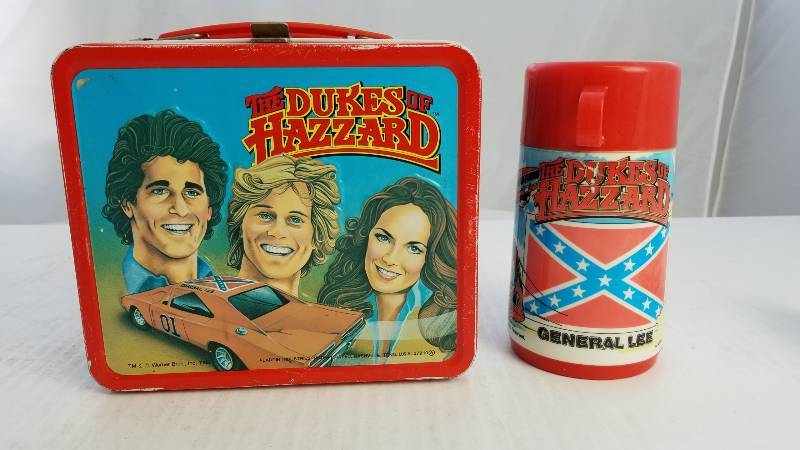 lot 3822 image: 1983 Dukes of Hazzard W 8oz Aladdin Thermo Bottle Vintage Metal Lunch Box
