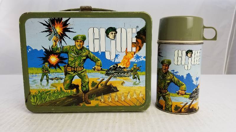 lot 3856 image: 1967 GI Joe W Half Pint Glass Lined Thermos. Vintage Metal Lunch Box
