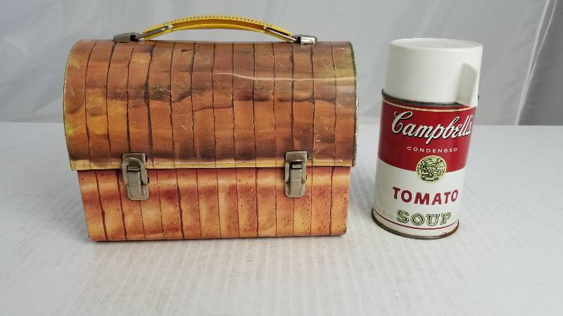 lot 3883 image: 1968Bread Box w Campbells Tomato Soup Aladden Glass Lined Thermos Vintage Metal Lunch Box