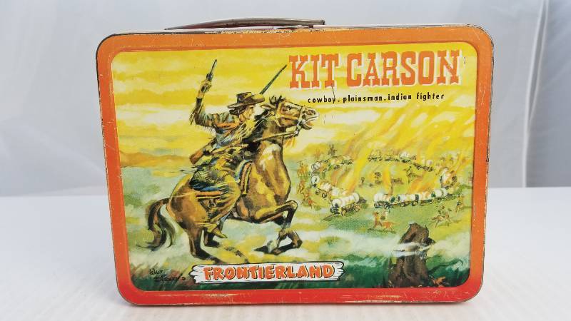 lot 3909 image: 1955 Davy Crockett  Kit Carson W Metal Handle Vintage Metal Lunch Box