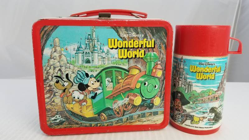 lot 3910 image: 1980 Walt Disney World on Ice & Wonderful World W Aladden Thermo Bottle Vintage Metal Lunch Box