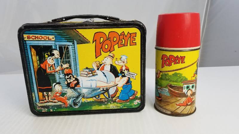 lot 3904 image: 1964 Popeye W Aladden Glass Lined Thermos Vintage Metal Lunch Box