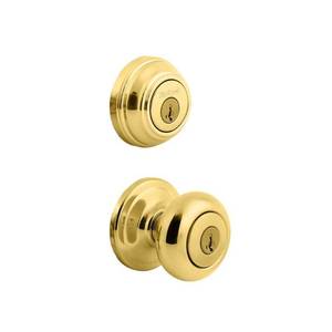 lot 10058 image: Kwikset 991 Juno Keyed Door Knob and Sgl Cyl Deadbolt Combo Pack in PB - Retail $234.69