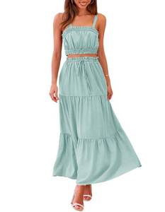 lot 10167 image: MEROKEETY Women 2 Piece Outfits Sleeveless Crop Top High Waist Long Skirt Set With Pockets Red Medium