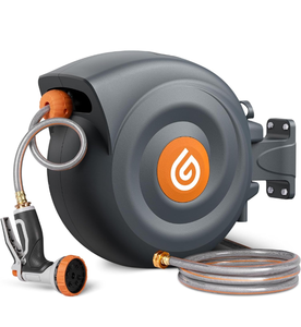 lot 8761 image: Retractable Garden Hose Reel 100ft, 12Reinforced Leak-proof Water Hose, 10-Pattern Hose Nozzle, Slow Rewinding, UV Resistant, Durable Brass Fittings, 3-Layer PVC Hose, 180° Swivel Bracket