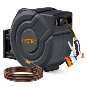 lot 8834 image: Retractable Hose Reel, 12 in x 100 ft Wall Mounted Garden Hose Reel, Heavy Duty Garden Water Hose Reel with 7-Pattern Nozzle,Any Length Lock,Auto-Rewind Slow Return System,180°Swivel Bracket - Retail $137.37