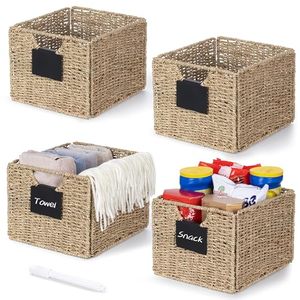 lot 8873 image: Seagrass Storage Baskets with Labels, 10.5x9x7.5in Wicker Storage Basket, Storage Baskets for Shelves, Pantry Baskets Organization,Kitchen Bathroom Shelves Storage Basket ��4 Pack��
