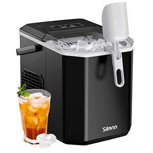 lot 8910 image: Silonn Ice Maker Countertop, Portable Ice Machine with Carry Handle, Self-Cleaning Ice Makers with Basket and Scoop, 9 Cubes in 6 Mins, 26 lbs per Day, Ideal for Home, Kitchen, Camping, RV - Retail $87.28