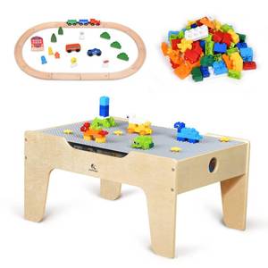 lot 8912 image: KRAND Kids Multi-Purpose Activity Play Table with 60 Big Building Bricks and 30-Piece Wooden Train Set for Toddlers(Big-peg Baseplate Version) - Retail $129.95