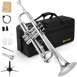 lot 8918 image: Trumpet, Bb Standard Trumpet Brass Silver Student Trumpet Instrument for School Band Orchestra Beginners Adults with Hard Case, Cleaning Kit, Stand, 7C Mouthpiece, Gloves, Valve Oil, by Vangoa - Retail $142.23