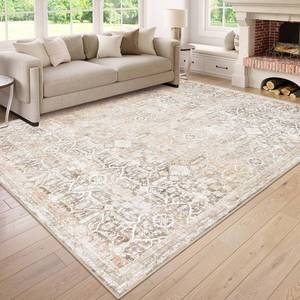 lot 8933 image: Large Area Rug for Living Room 9x12, Vintage Washable Area Rug 9x12 Non Slip Neutral Bedroom Carpet Stain Resistant Ultra-Thin Low Pile Print Floor Rug for Dining Office - Beige - Retail $189.98