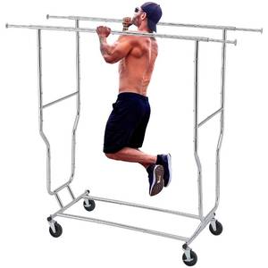 lot 8942 image: Tajsoon Clothes Rack Heavy Duty Rolling Garment Rack with Wheels and Extendable Double Rods, Collapsible Clothing Racks For Hanging Clothes, Adjustable Commercial Clothes Rack with Shelf, Chrome