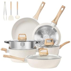 lot 8943 image: Pots and Pans Set Non Stick, 12 Pcs Kitchen Cookware Sets Induction Cookware Granite Cooking Set with Frying Pans, Saucepans, Steamer Silicone Shovel Spoon & Tongs (White) - Retail $85.77