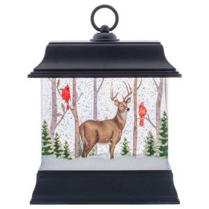 lot 8953 image: LED Woodland Winter Lantern 8.5 x 3.75 Acrylic Snow Globe Swirl Dome - Damage to Charging Port