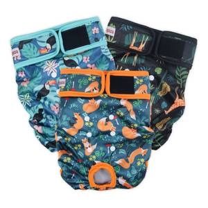 lot 8965 image: Fuz Bigaza Washable Dog Diapers (3 Pack), Reusable Dog Diapers for Doggie Heat Period, Reusable Doggie Diaper for Female Dogs (Giraffe, Tucan, Fox, Medium)