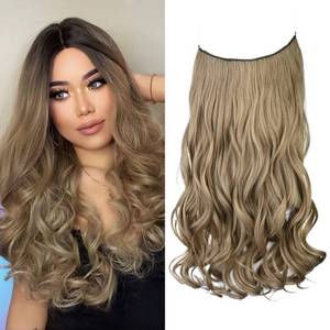 lot 8978 image: REECHO Invisible Wire Hair Extensions with Transparent Headband Adjustable Size Removable Secure Clips in Curly Wavy Secret Hairpiece for Women 20 Inch - Chocolate Brown with Blonde Highlights
