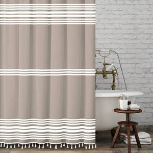 lot 20291 image: Seasonwood Beige Modern Farmhouse Striped Shower Curtain with Tassels 72 x 72 inch Neutral Waterproof Fabric Shower Curtains for Bathroom