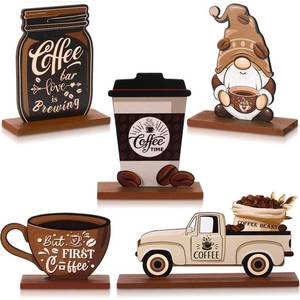 lot 20320 image: Blulu 5 Pieces Coffee Bar Decor Sign Farmhouse Coffee Bar Wood Signs Rustic Coffee Wooden Table Centerpiece Coffee Tiered Tray Decor Table Signs for Home Kitchen Coffee Station Decorations