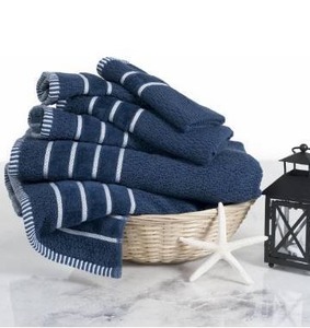 lot 29999 image: Combed Cotton Towel Set- Rice Weave 100% Combed Cotton 6 Piece Set With 2 Bath Towels, 2 Hand Towels and 2 Washcloths by Lavish Home- Navy