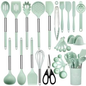 lot 10088 image: NCUE Kitchen Utensils Set, 28 Pcs Silicone Cooking Utensils Set with Holder, Spatula Set, Silicone Whisk, Measuring Cups and Spoons Set with Stainless Steel Handle Kitchen Gadgets (Light Green)