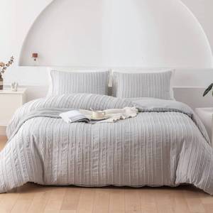 lot 10097 image: WARMDERN King Boho Duvet Cover Set, Light Grey Striped Microfiber 3pcs Bedding, Zipper Closure, Tufted Bohemian Design, Ultra Soft, Machine Washable