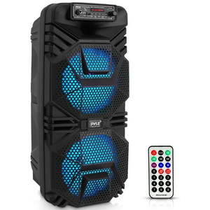 lot 9459 image: Pyle Dual 8���� Bluetooth Portable PA Speaker - Portable PA &amp Karaoke Party Audio Speaker with Built-in Rechargeable Battery Flashing Party Lights MP3USB FM Radio (600 Watt MAX) - Retail $109.49