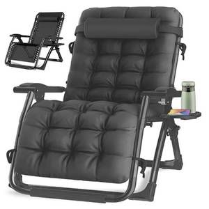 lot 9949 image: KINGBO Oversized Zero Gravity Chair, Lawn Recliner, Reclining Patio Lounger Chair, Folding Portable Chaise, with Detachable Soft Cushion, Cup Holder, Adjustable Headrest, Support 500 lbs. (32 Black) - Retail $136.05