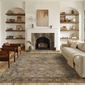 lot 9958 image: Bavni Area Rug 8x10 Machine Washable Vintage Distressed Print Ultra-Thin Chenille Bedroom Living Room Accent Rug, Low Pile Lightweight Non Slip with Gripper, SageCharcoal - Retail $141.63