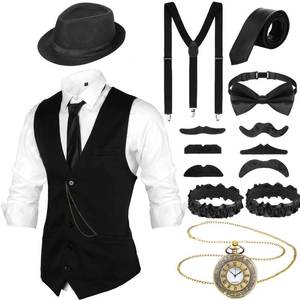 lot 9675 image: SATINIOR 1920s Mens Costume Roaring Outfit with 20s Gangster Vest Hat Pocket Watch Suspenders(Medium,Black)