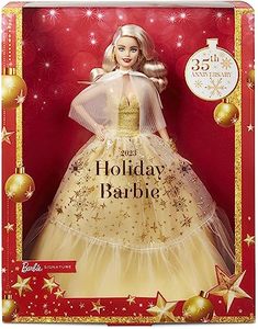 lot 9677 image: Barbie Signature 2023 Holiday Doll, Blonde Hair Wearing Golden Gown, Collectible with Doll Stand & Certificate of Authenticity