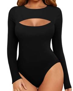 lot 10015 image: MANGOPOP Womens Long Sleeve Bodysuit Sexy Front Cutout Round Neck Body Suits (Black, XX-Large)