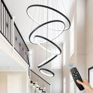 lot 9426 image: Sparklelf 5 Rings Chandelier Modern LED Chandelier Dimmable High Ceiling Chandelier Black Circular Chandelier for Foyer Large Contemporary Pendant Chandelier for Living Room Staircase, 3000K-6500K - Retail $234.23 NO REMOTE