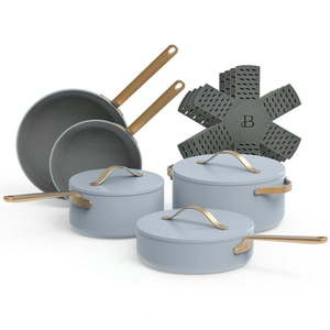 lot 9450 image: Beautiful 12pc Ceramic Non-Stick Cookware Set Cornflower Blue by Drew Barrymore&nbsp