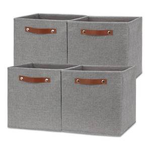 lot 10053 image: Temary 12x12 Storage Cube Bins 4 Pack Fabric Storage Cubes Storage Bins with Leather Handles, Storage Baskets Foldable Cube Organizers Bins for Home (Grey)